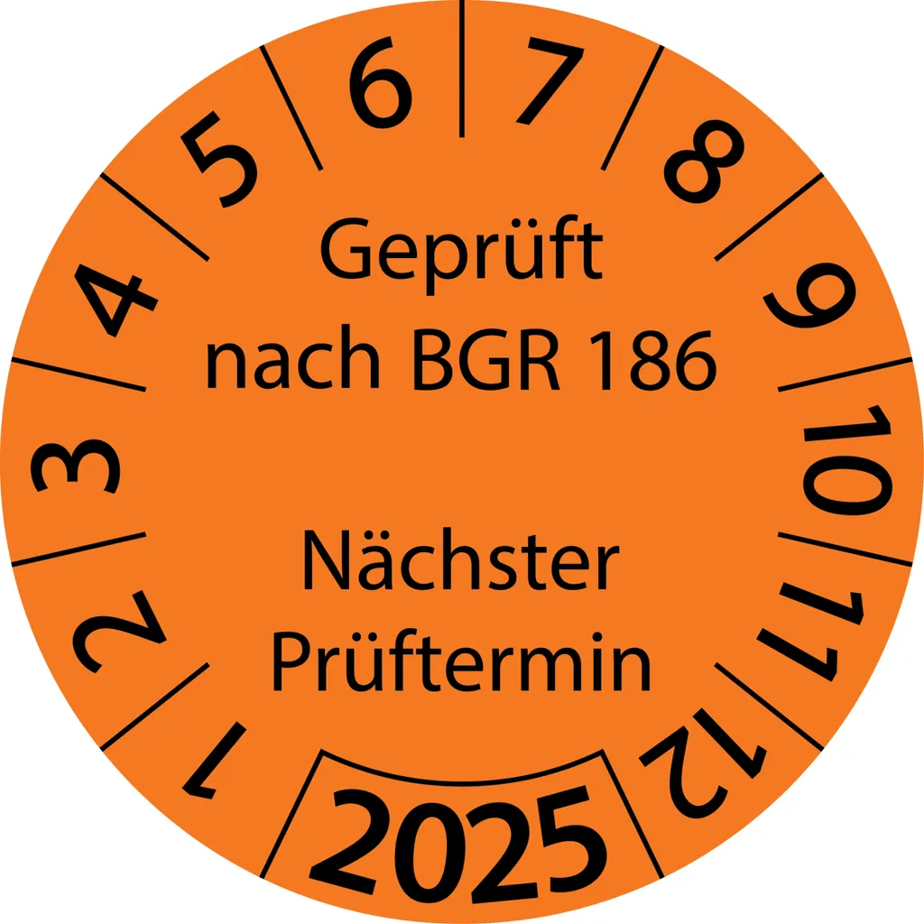 100 Stück "Prüfetiketten" 50 mm -selbstklebende " nach BGR 186 Nächster Prüftermin, Startjahr: 2025" ES-PRBGR186NP-1-2025-50-149-PA